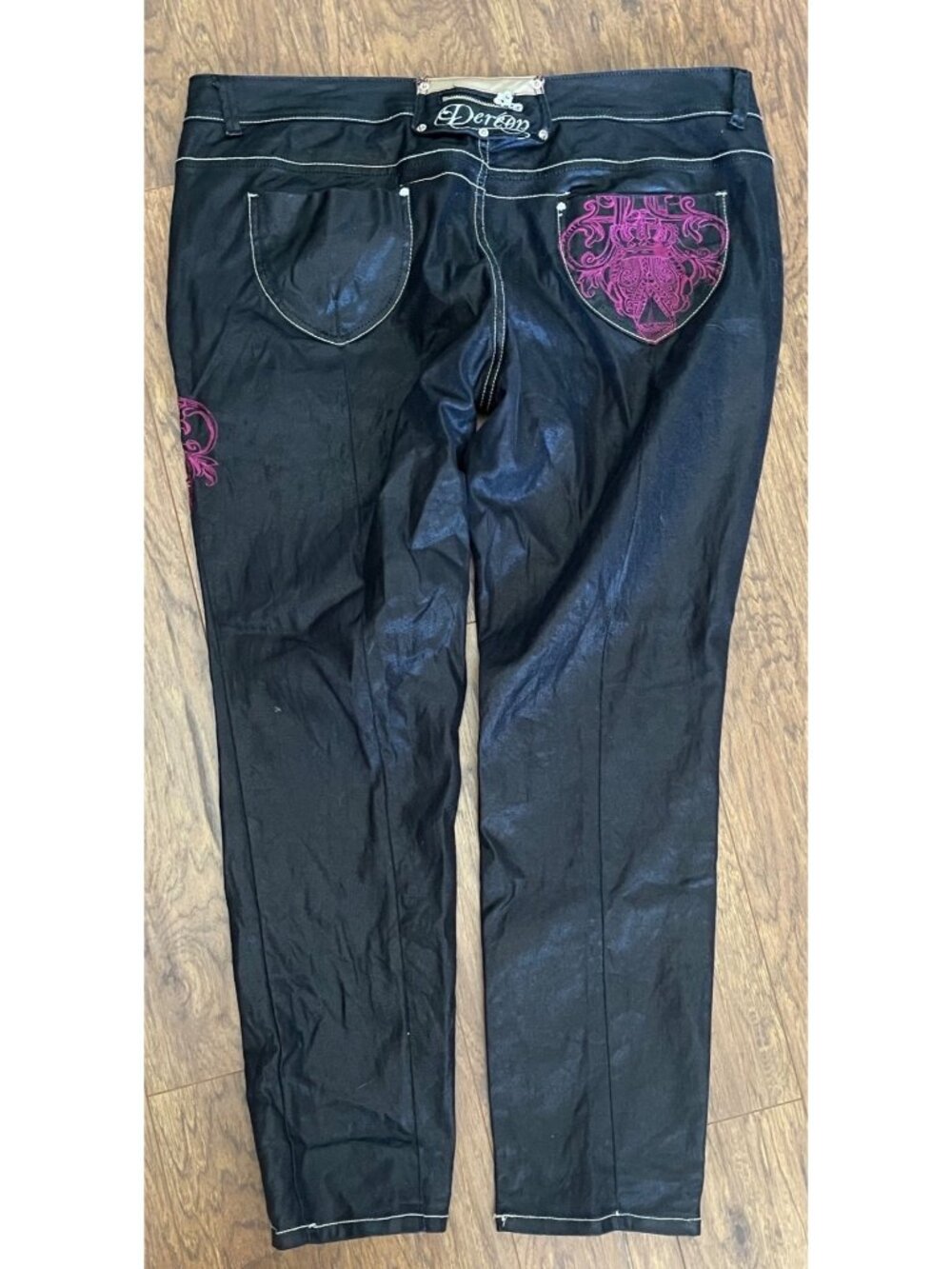 Dereon Womens Plus Size 20W Black Shiny Denim Purple Embroidery Skinny Jeans - Picture 5 of 13